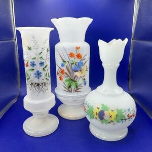 Set of 3 Antique Bristol Opaline Hand Blown Glass Vases Hand Painted Flowers